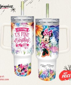 Disney Custom Name It’s Fine I’m Fine Minnie Mouse Colorful Flower Pattern 40oz Stainless Steel Tumbler