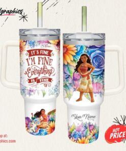 Disney Custom Name It’s Fine I’m Fine Moana Colorful Flower Pattern 40oz Stainless Steel Tumbler