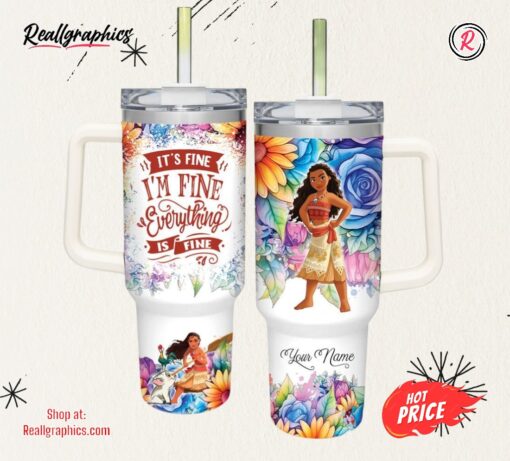 Disney Custom Name It’s Fine I’m Fine Moana Colorful Flower Pattern 40oz Stainless Steel Tumbler