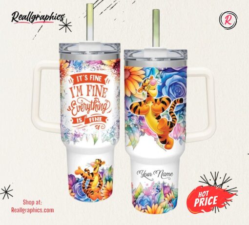Disney Custom Name It’s Fine I’m Fine Tigger Colorful Flower Pattern 40oz Stainless Steel Tumbler