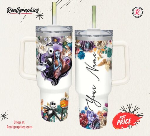 Disney Custom Name Jack Skellington 3d Colorful Flower Sublimation Pattern 40oz Tumbler