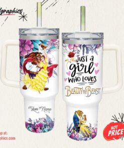 Disney Custom Name Just A Girl Loves Beauty And The Beast Flower Pattern 40oz Tumbler Disney Custom Name Just A Girl Loves Beauty And The Beast Flower Pattern 40oz Tumbler