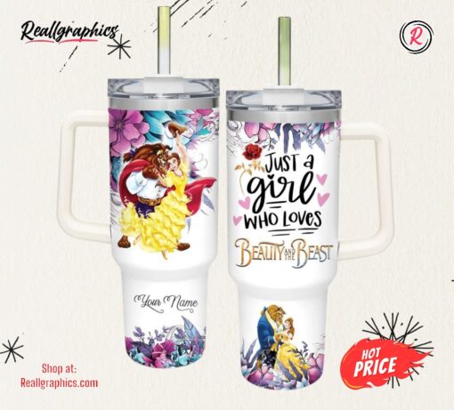 Disney Custom Name Just A Girl Loves Beauty And The Beast Flower Pattern 40oz Tumbler