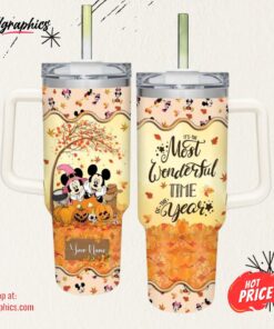 Disney Custom Name Mickey &Amp Minnie Mouse Most Wonderful Time Fall Leaf Pattern 40oz Stainless Steel Tumbler