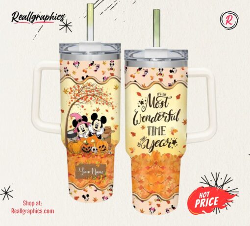Disney Custom Name Mickey &Amp Minnie Mouse Most Wonderful Time Fall Leaf Pattern 40oz Stainless Steel Tumbler