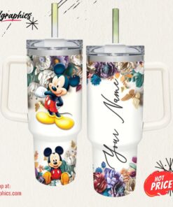 Disney Custom Name Mickey Mouse 3d Colorful Flower Sublimation Pattern 40oz Tumbler