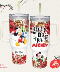 Disney Custom Name Mickey Mouse Poinsettia Red Flower Christmas Pattern 40oz Stainless Steel Tumbler