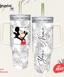 Disney Custom Name Mickey Mouse Sketch Flower Pattern White 40oz Stainless Steel Tumbler