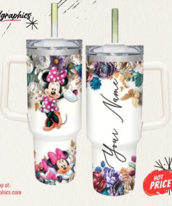 Disney Custom Name Minnie Mouse 3d Colorful Flower Sublimation Pattern 40oz Tumbler