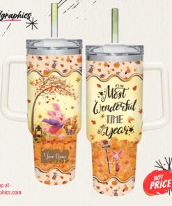 Disney Custom Name Piglet Most Wonderful Time Fall Leaf Pattern 40oz Stainless Steel Tumbler