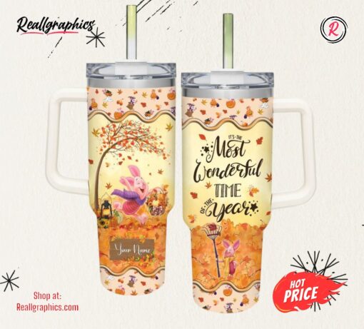 Disney Custom Name Piglet Most Wonderful Time Fall Leaf Pattern 40oz Stainless Steel Tumbler