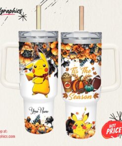Disney Custom Name Pikachu Tis The Season Fall Leaf Pattern 40oz Stainless Steel Tumbler