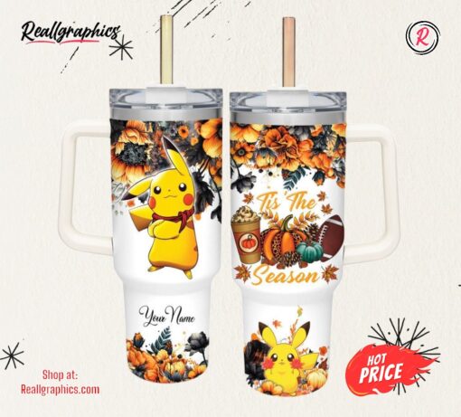 Disney Custom Name Pikachu Tis The Season Fall Leaf Pattern 40oz Stainless Steel Tumbler