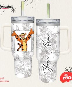 Disney Custom Name Tigger Sketch Flower Pattern White 40oz Stainless Steel Tumbler