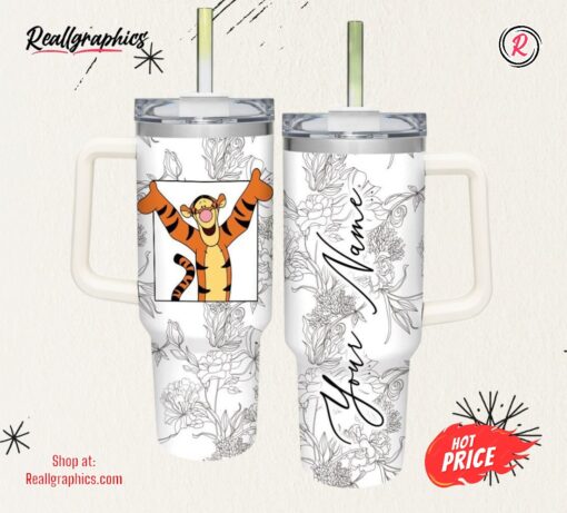 Disney Custom Name Tigger Sketch Flower Pattern White 40oz Stainless Steel Tumbler
