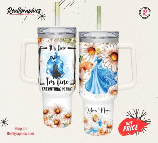 Disney Everything Is Fine Cinderella Princess Daisy Flower Pattern 40oz Stainless Steel Tumbler