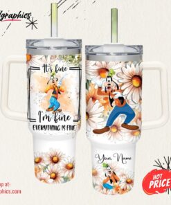 Disney Everything Is Fine Goofy Daisy Flower Pattern 40oz Stainless Steel Tumbler