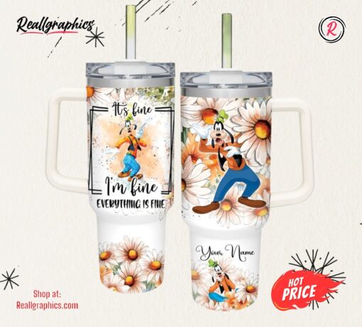 Disney Everything Is Fine Goofy Daisy Flower Pattern 40oz Stainless Steel Tumbler