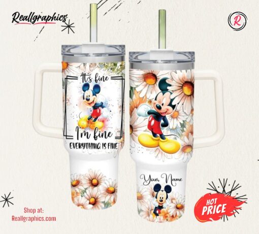Disney Everything Is Fine Mickey Mouse Daisy Flower Pattern 40oz Stainless Steel Tumbler