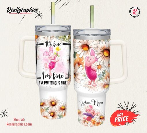 Disney Everything Is Fine Piglet Daisy Flower Pattern 40oz Stainless Steel Tumbler