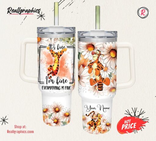 Disney Everything Is Fine Tigger Daisy Flower Pattern 40oz Stainless Steel Tumbler