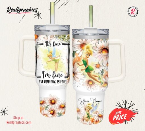 Disney Everything Is Fine Tinker Bell Daisy Flower Pattern 40oz Stainless Steel Tumbler
