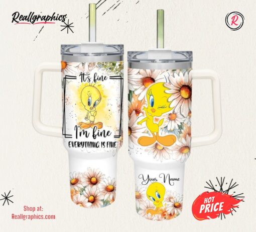 Disney Everything Is Fine Tweety Daisy Flower Pattern 40oz Stainless Steel Tumbler
