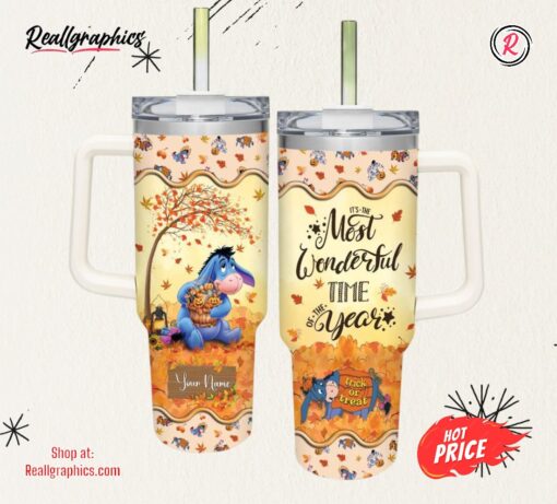 Disney Eeyore Most Wonderful Time Fall Leaf Pattern 40oz Stainless Steel Tumbler