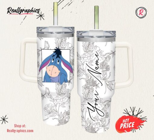 Disney Eeyore Sketch Flower Pattern White 40oz Stainless Steel Tumbler