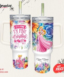 Disney It’s Fine I’m Fine Aurora Princess Colorful Flower Pattern 40oz Stainless Steel Tumbler