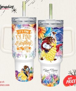 Disney It’s Fine I’m Fine Beauty And The Beast Colorful Flower Pattern 40oz Stainless Steel Tumbler