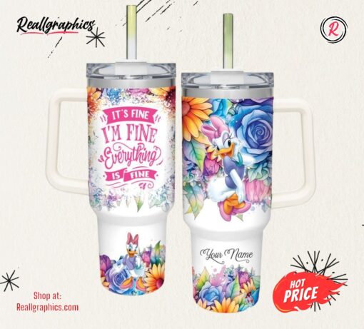 Disney It’s Fine I’m Fine Daisy Duck Colorful Flower Pattern 40oz Stainless Steel Tumbler