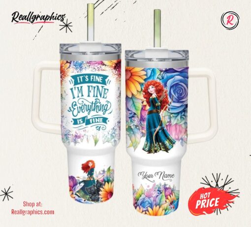 Disney It’s Fine I’m Fine Merida Princess Colorful Flower Pattern 40oz Stainless Steel Tumbler