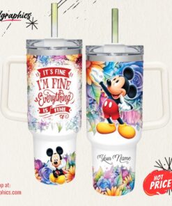 Disney It’s Fine I’m Fine Mickey Mouse Colorful Flower Pattern 40oz Stainless Steel Tumbler