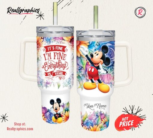 Disney It’s Fine I’m Fine Mickey Mouse Colorful Flower Pattern 40oz Stainless Steel Tumbler