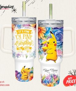 Disney It’s Fine I’m Fine Pikachu Colorful Flower Pattern 40oz Stainless Steel Tumbler