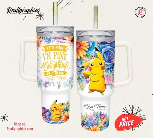 Disney It’s Fine I’m Fine Pikachu Colorful Flower Pattern 40oz Stainless Steel Tumbler