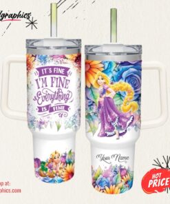 Disney It’s Fine I’m Fine Rapunzel Princess Colorful Flower Pattern 40oz Stainless Steel Tumbler