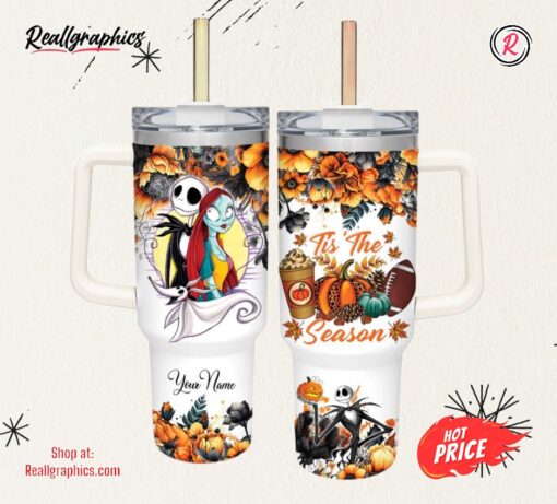Disney Jack Skellington Tis The Season Fall Leaf Pattern 40oz Stainless Steel Tumbler