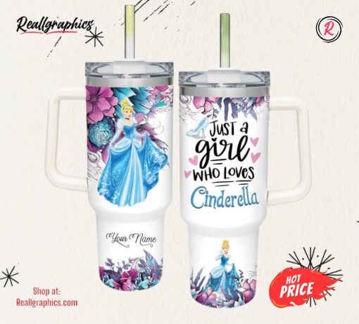 Disney Just A Girl Loves Cinderella Princess Flower Pattern 40oz Tumbler