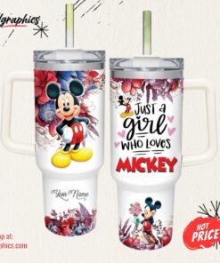 Disney Just A Girl Loves Mickey Mouse Colorful Flower Pattern 40oz Stainless Steel Tumbler