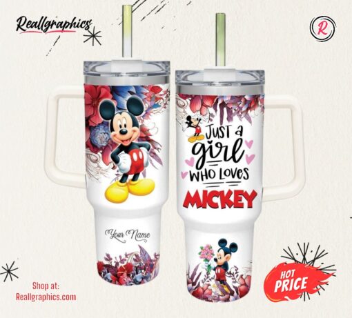 Disney Just A Girl Loves Mickey Mouse Colorful Flower Pattern 40oz Stainless Steel Tumbler