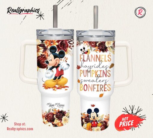 Disney Mickey Mouse Flannels Pumpkins Bonfires Fall Theme Pattern 40oz Tumbler