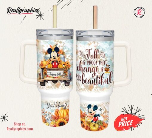 Disney Mickey Mouse Happy Fall Pumpkin Flower Pattern 40oz Tumbler