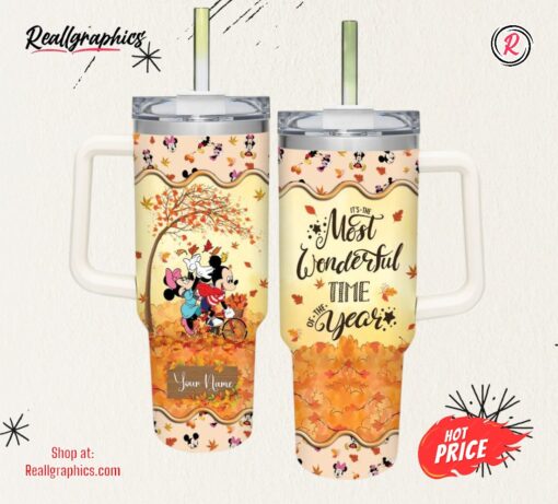Disney Mickey Mouse Most Wonderful Time Fall Leaf Pattern 40oz Stainless Steel Tumbler