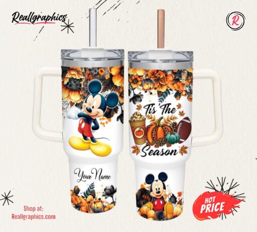 Disney Mickey Mouse Tis The Season Fall Leaf Pattern 40oz Stainless Steel Tumbler