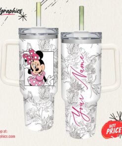 Disney Minnie Mouse Sketch Flower Pattern White 40oz Stainless Steel Tumbler