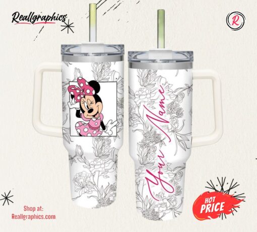Disney Minnie Mouse Sketch Flower Pattern White 40oz Stainless Steel Tumbler