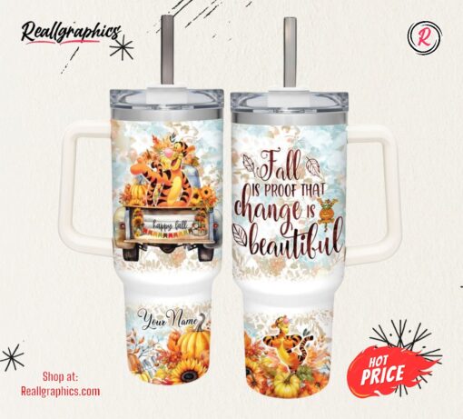 Disney Tigger Happy Fall Pumpkin Flower Pattern 40oz Tumbler