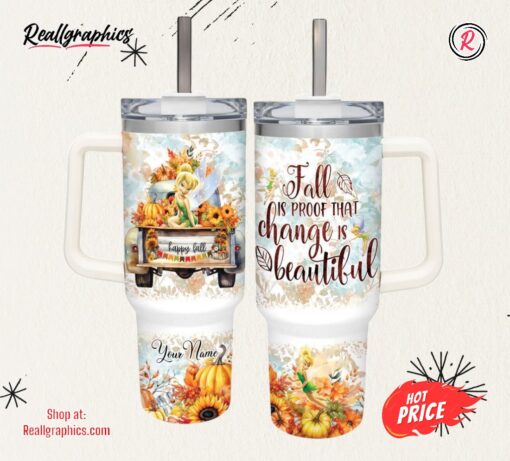 Disney Tinker Bell Happy Fall Pumpkin Flower Pattern 40oz Tumbler